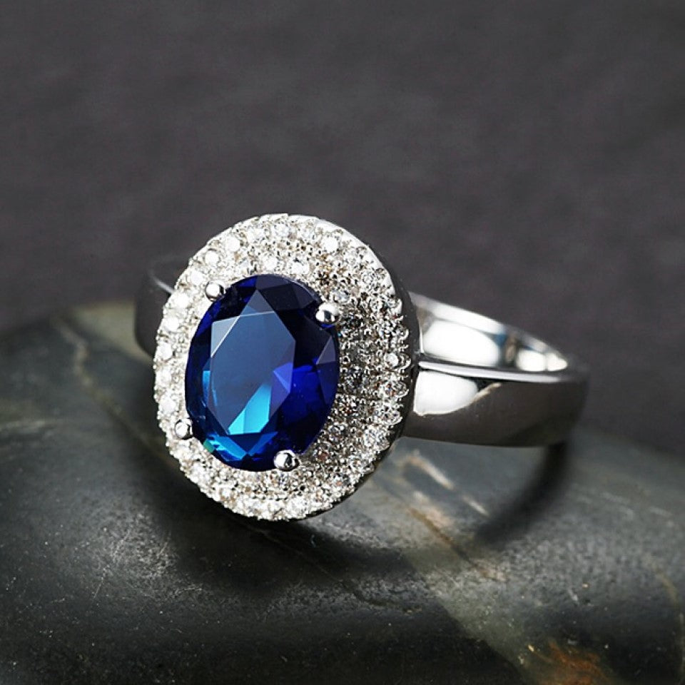 Beautiful Princess Style Silver Plated Sapphire Blue Crystal Ring