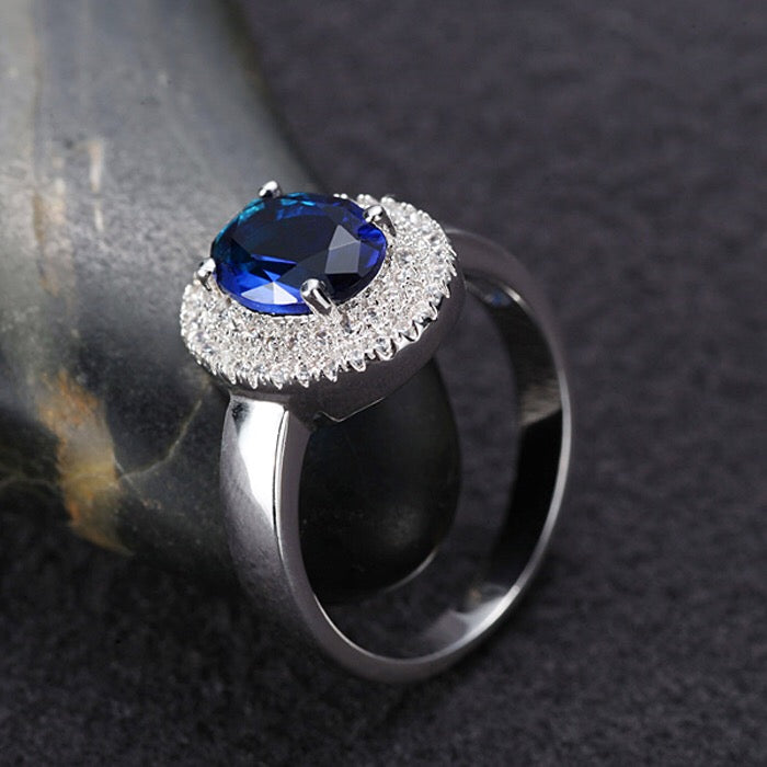 Beautiful Princess Style Silver Plated Sapphire Blue Crystal Ring