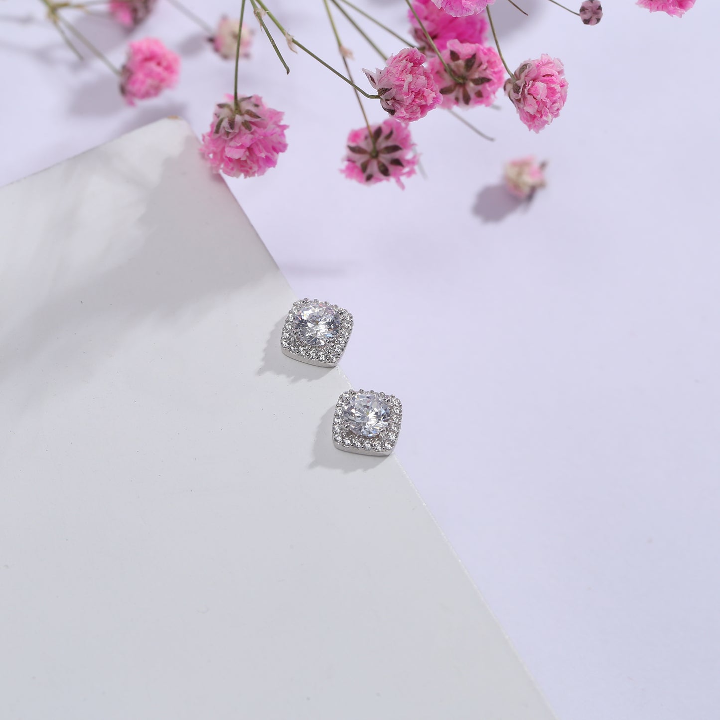 Sterling Silver S925 Earring Crystal Cushion Square Stud Earrings