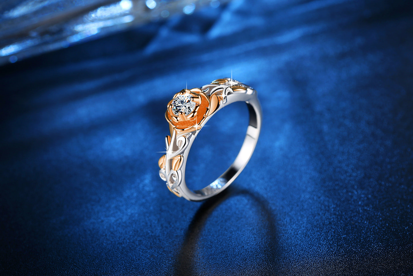Gold & Rosegold with Silver Plated Crystal Flower Ring