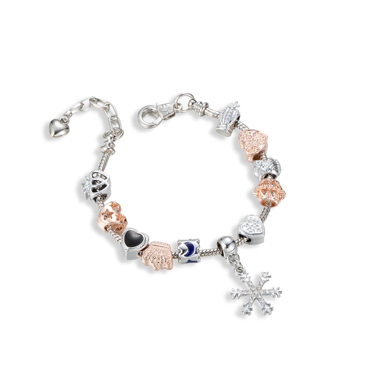 Charming Silver and Rosegold Women Snowflake Drop and Beads Chain Bracelet