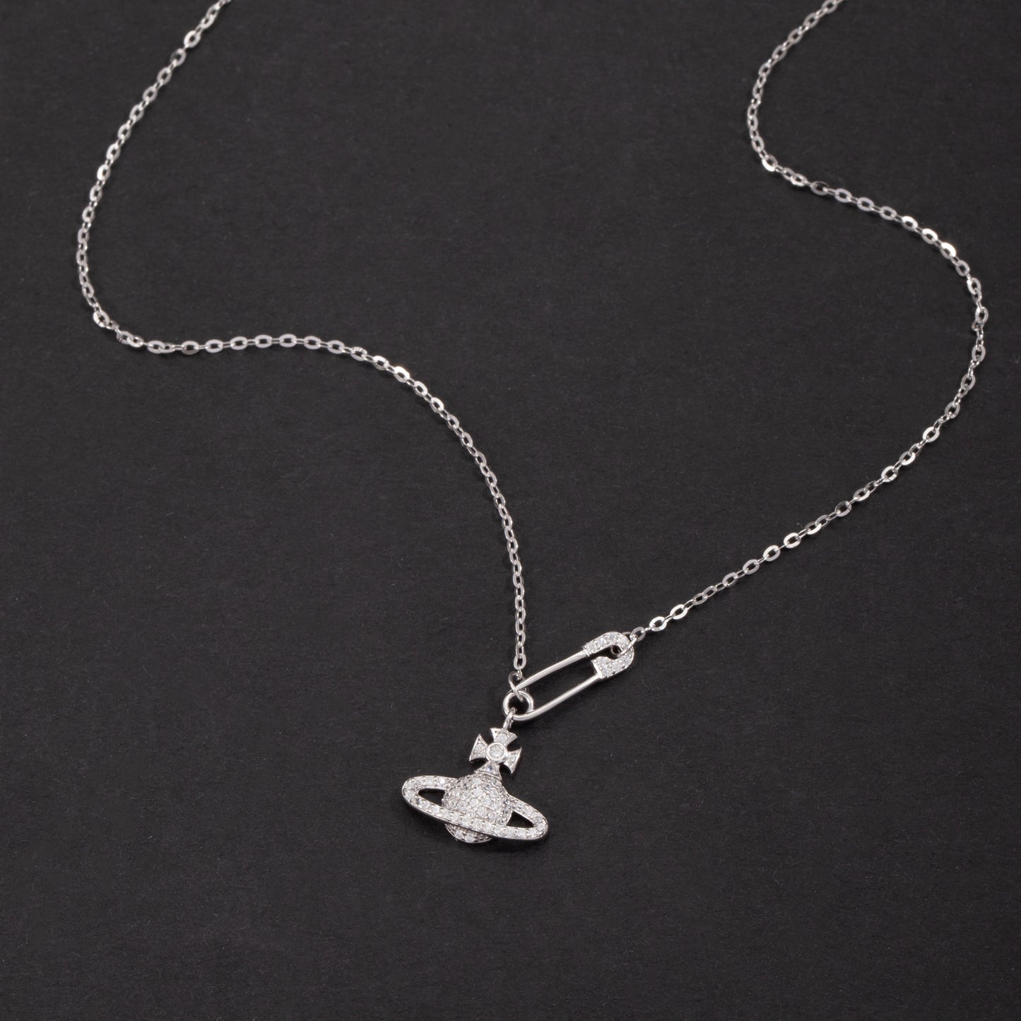 S925 Sterling Silver Vivienne Westwood Inspired Diamante Pin Orb C/Z Pendant Necklace