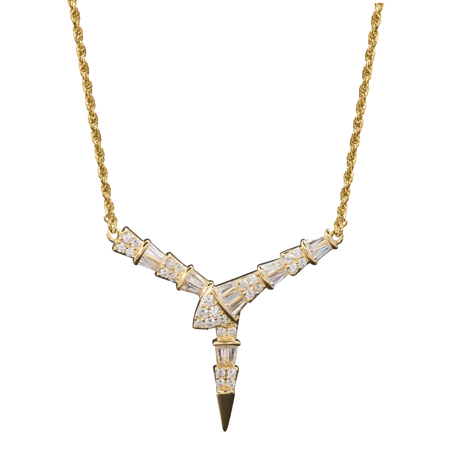 Sterling Silver Baguette V Pendant Necklace White Gold 18K Yellow Gold Plated