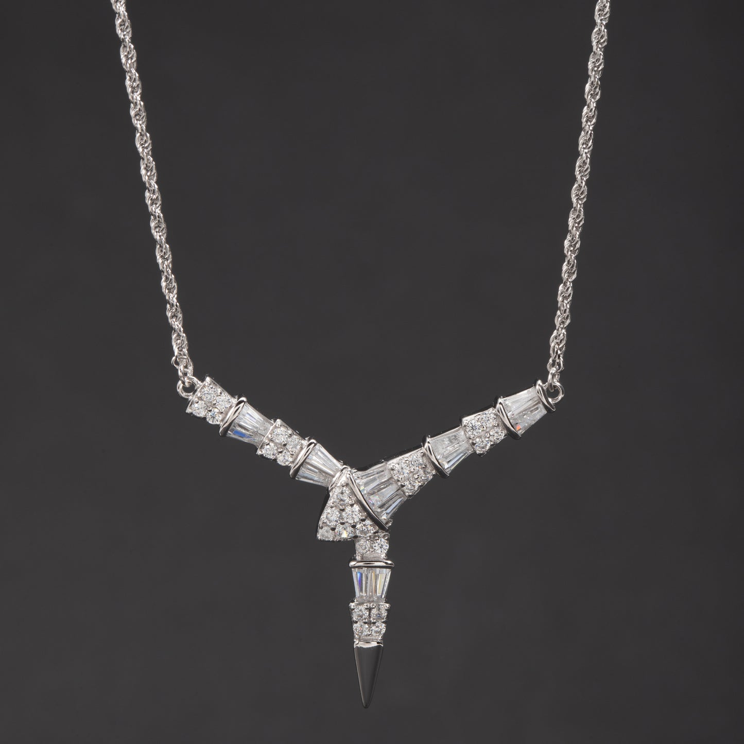 Sterling Silver Baguette V Pendant Necklace White Gold 18K Yellow Gold Plated