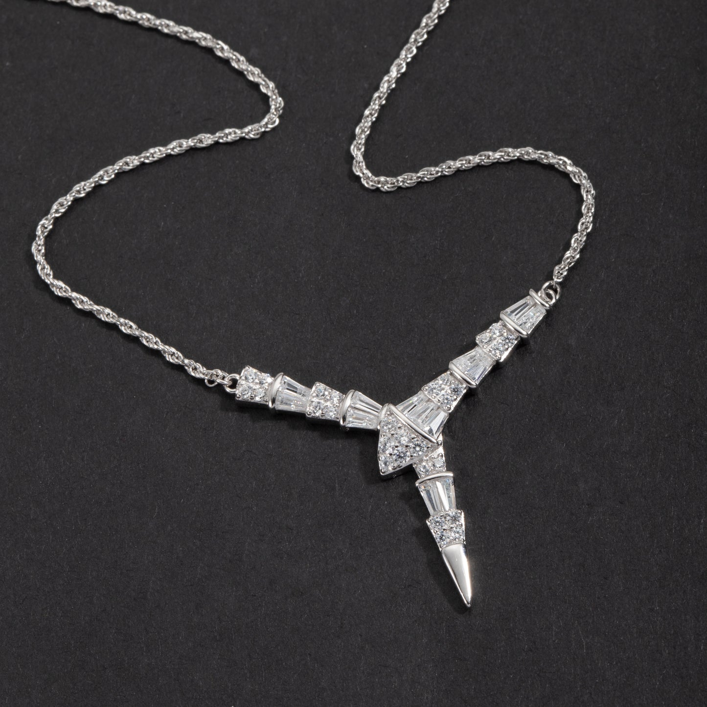 Sterling Silver Baguette V Pendant Necklace White Gold 18K Yellow Gold Plated