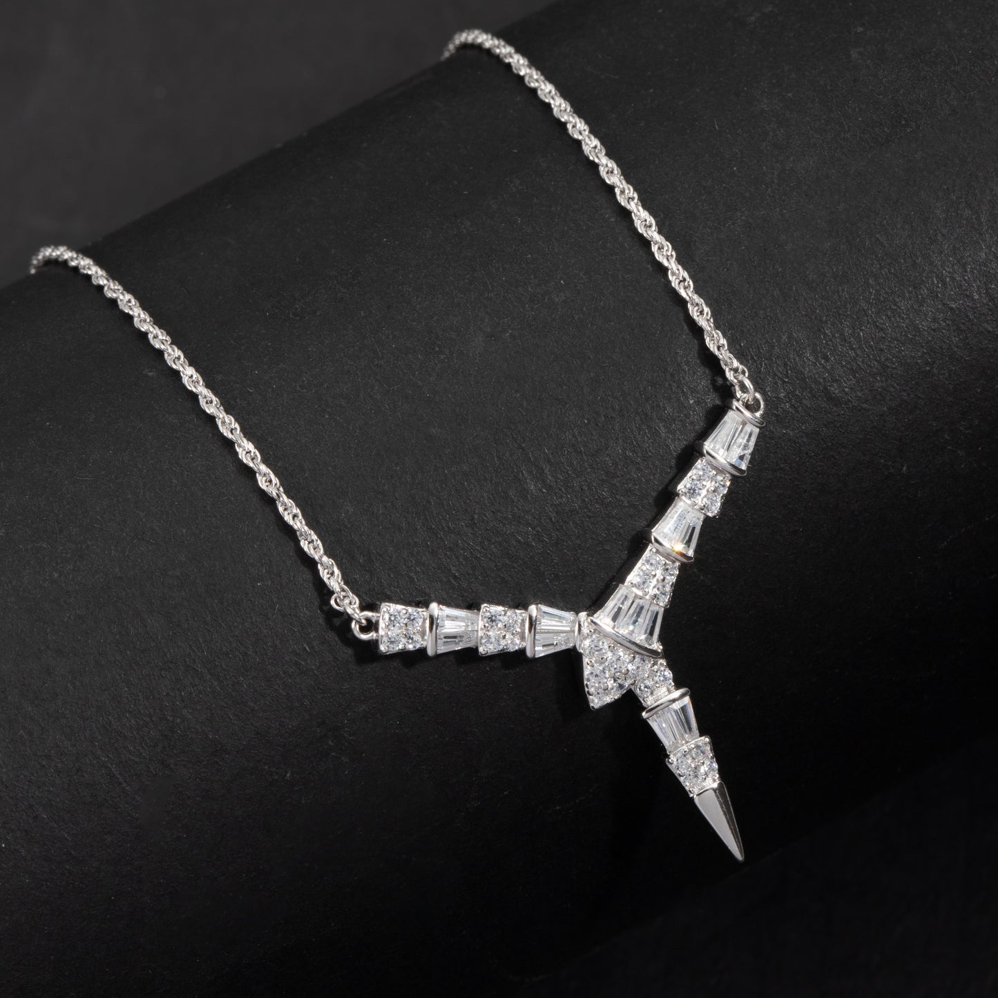 Sterling Silver Baguette V Pendant Necklace White Gold 18K Yellow Gold Plated