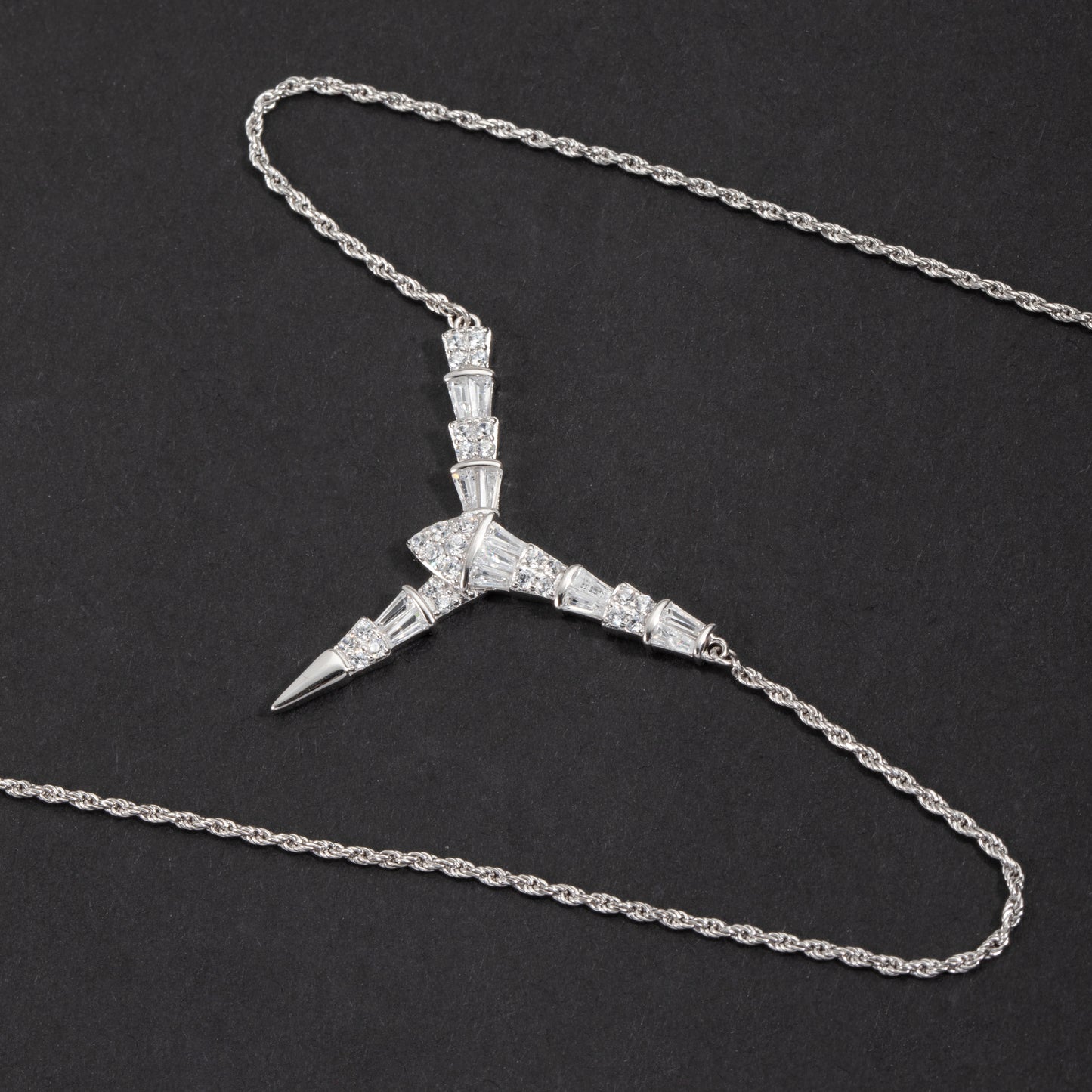 Sterling Silver Baguette V Pendant Necklace White Gold 18K Yellow Gold Plated