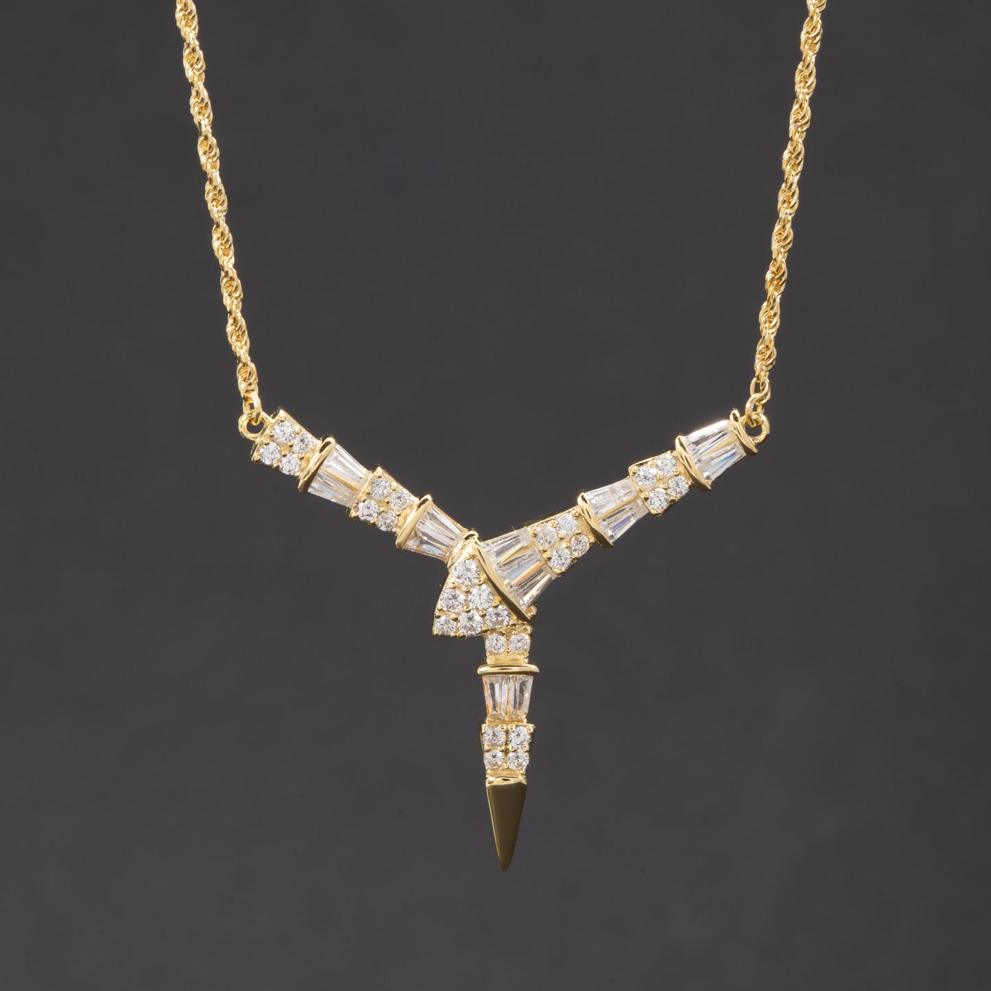 Sterling Silver Baguette V Pendant Necklace White Gold 18K Yellow Gold Plated