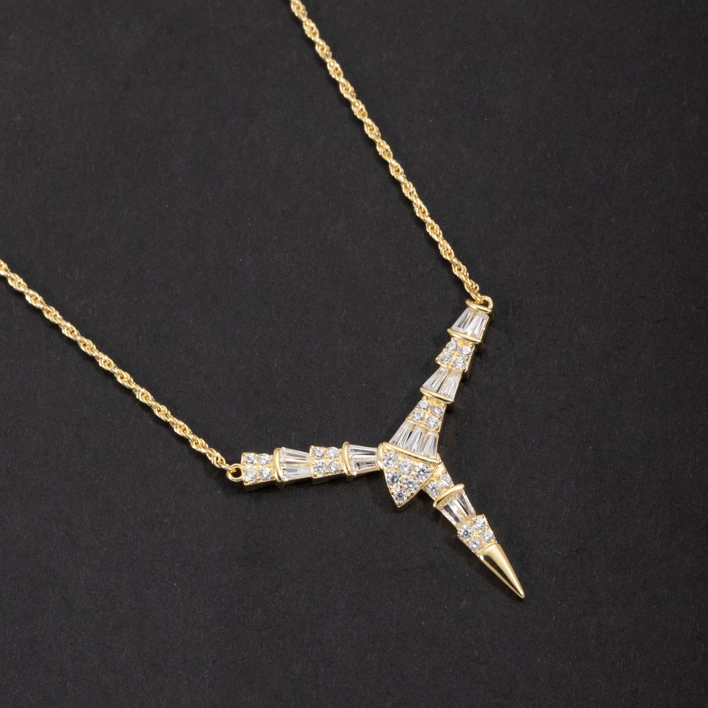 Sterling Silver Baguette V Pendant Necklace White Gold 18K Yellow Gold Plated
