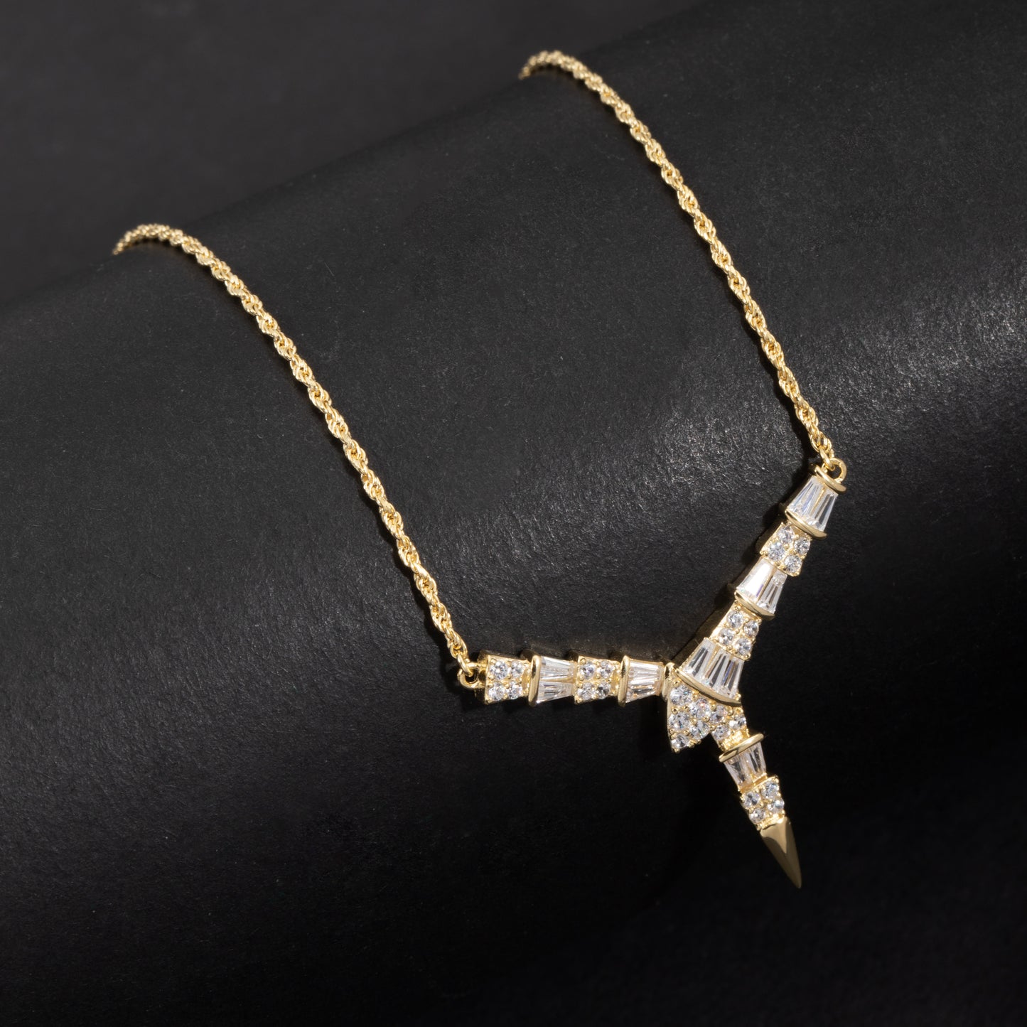 Sterling Silver Baguette V Pendant Necklace White Gold 18K Yellow Gold Plated