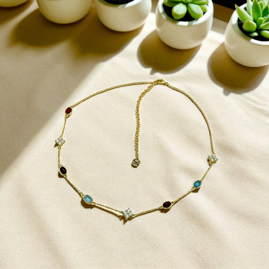 S925 Sterling Silver Aqua & Agate Bloom 18K Gold Plated Necklace Choker