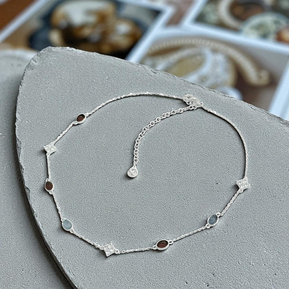 S925 Sterling Silver Agate & Aquamarine Stream Necklace Choker