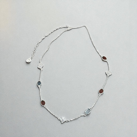 S925 Sterling Silver Agate & Aquamarine Stream Necklace Choker