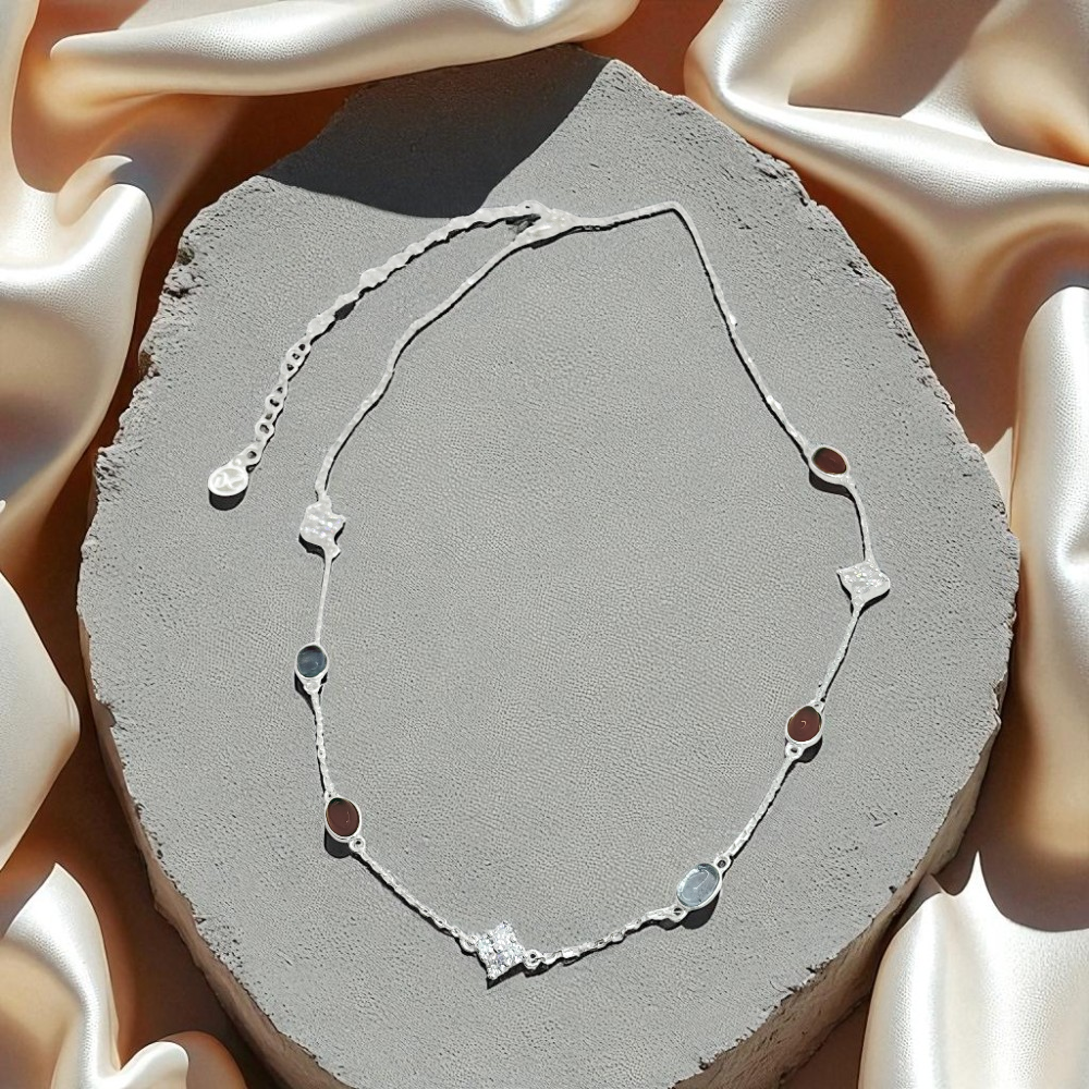 S925 Sterling Silver Agate & Aquamarine Stream Necklace Choker