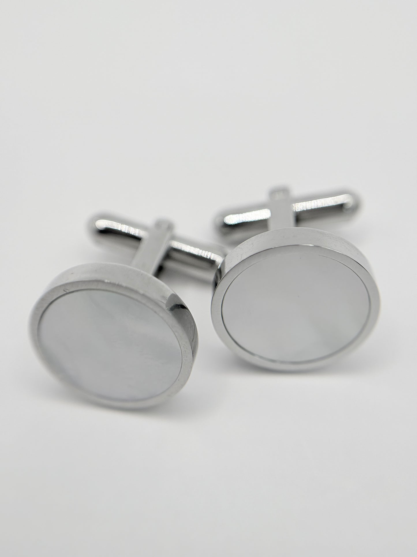 Men's Silver Round Stainless Steel Pearl Cufflinks