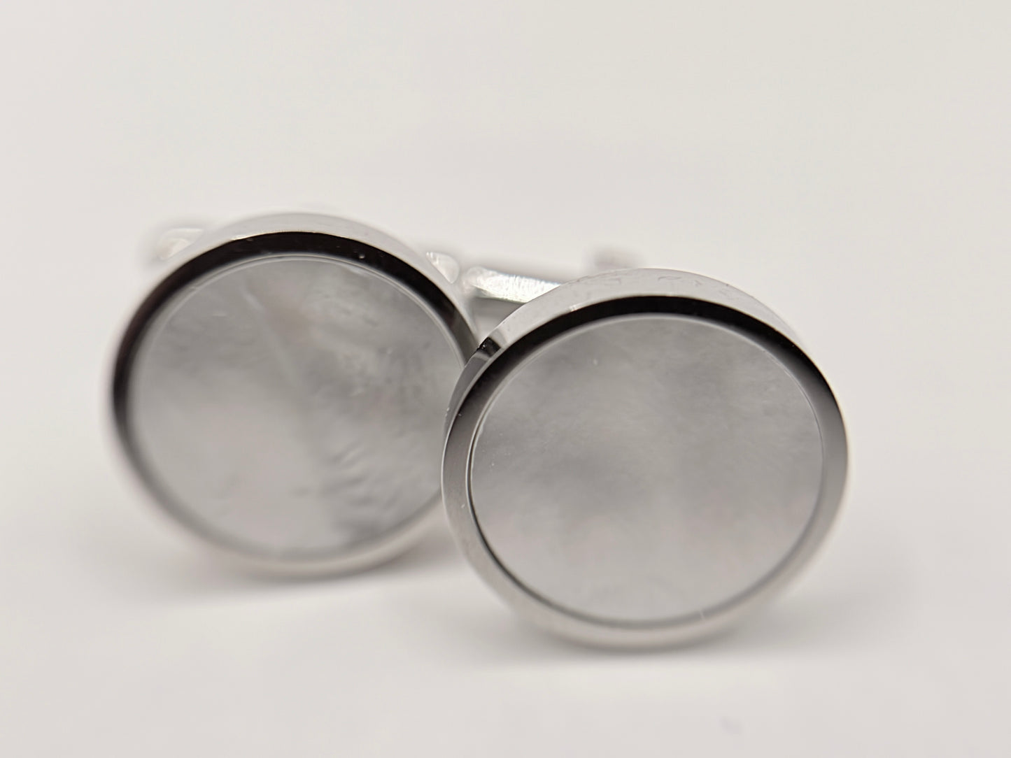 Men's Silver Round Stainless Steel Pearl Cufflinks