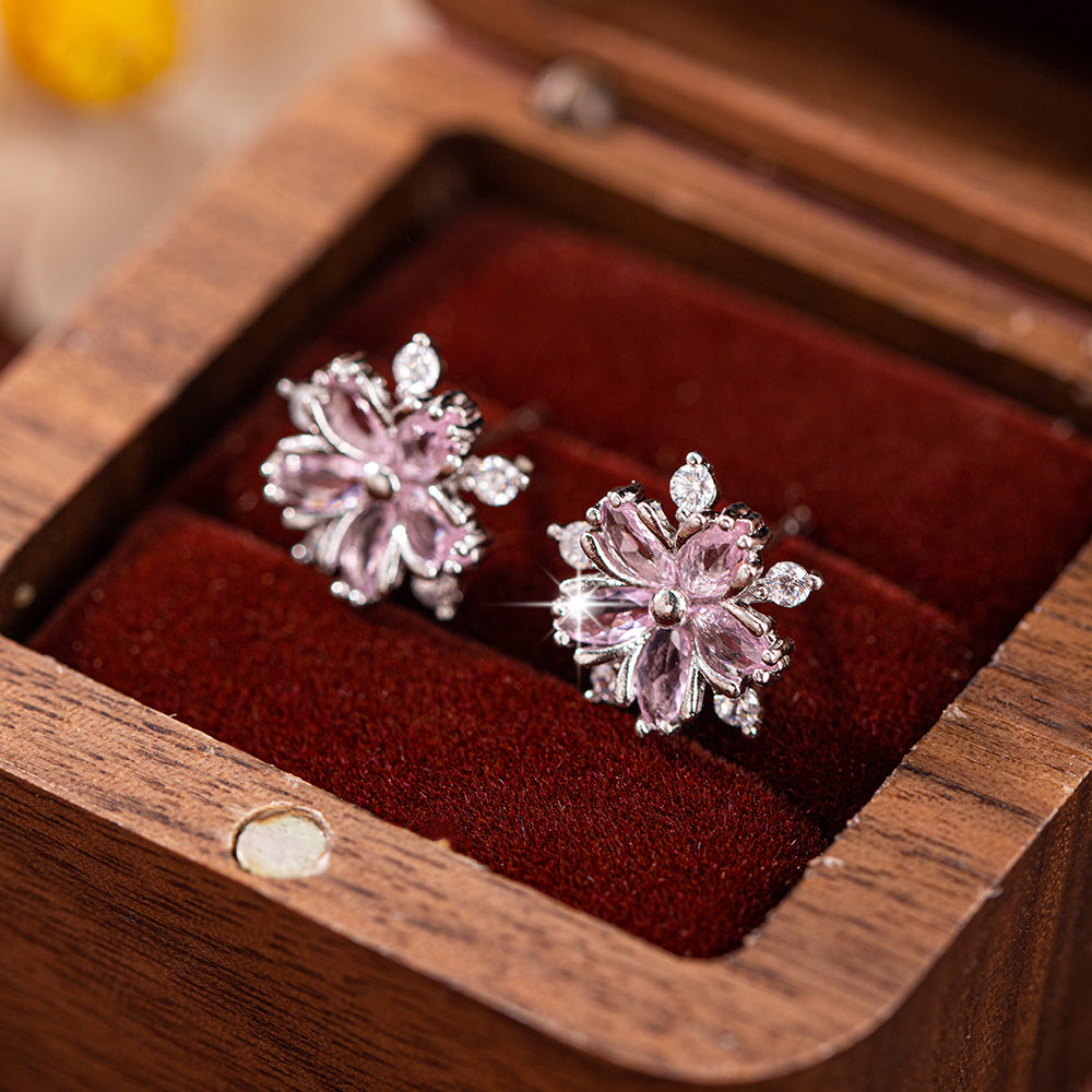 S925 Sterling Silver Pink Flower Stud Earrings