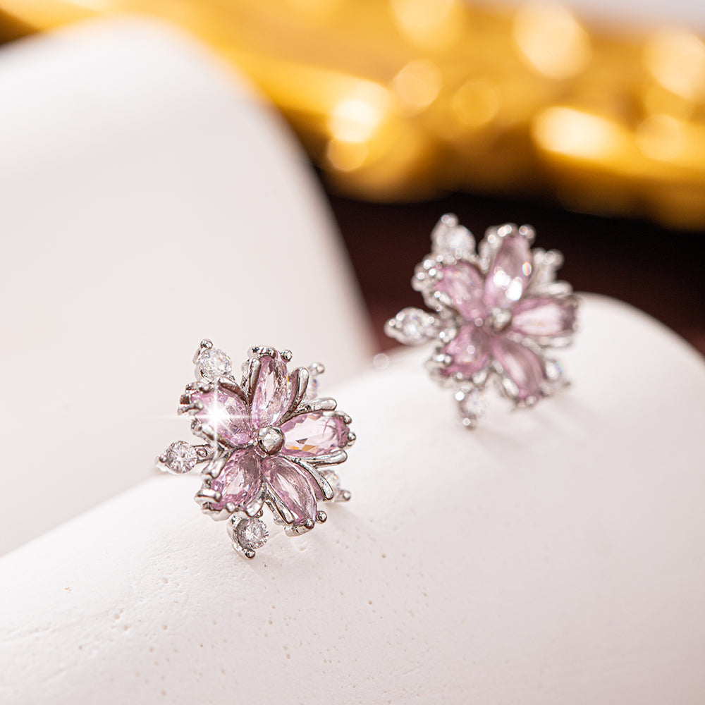 S925 Sterling Silver Pink Flower Stud Earrings