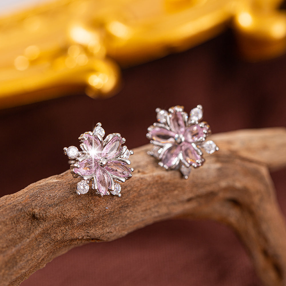S925 Sterling Silver Pink Flower Stud Earrings