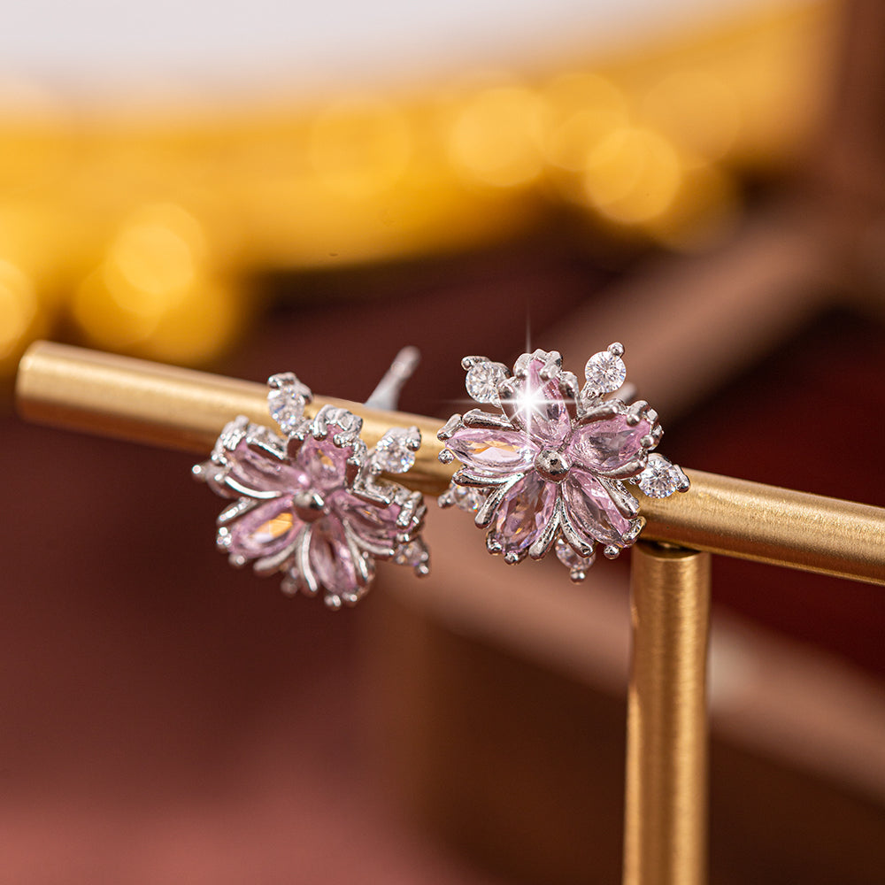 S925 Sterling Silver Pink Flower Stud Earrings