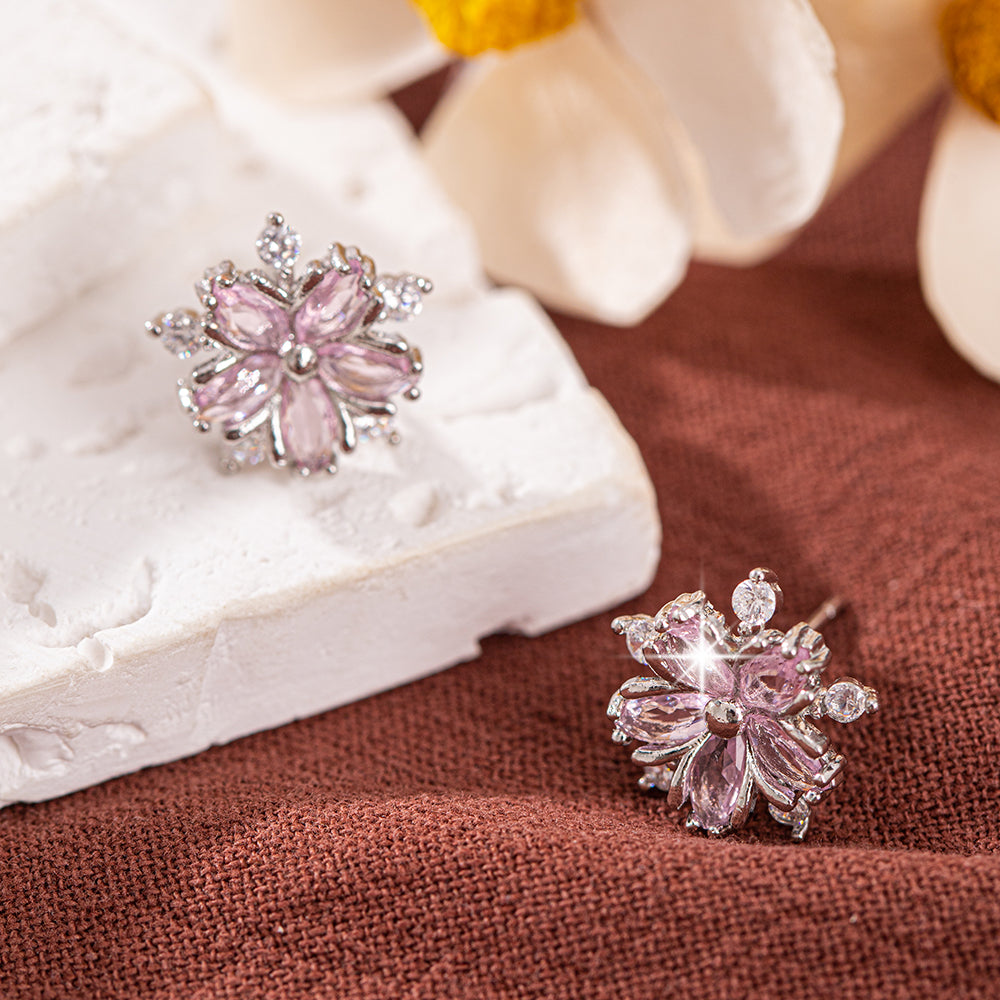 S925 Sterling Silver Pink Flower Stud Earrings
