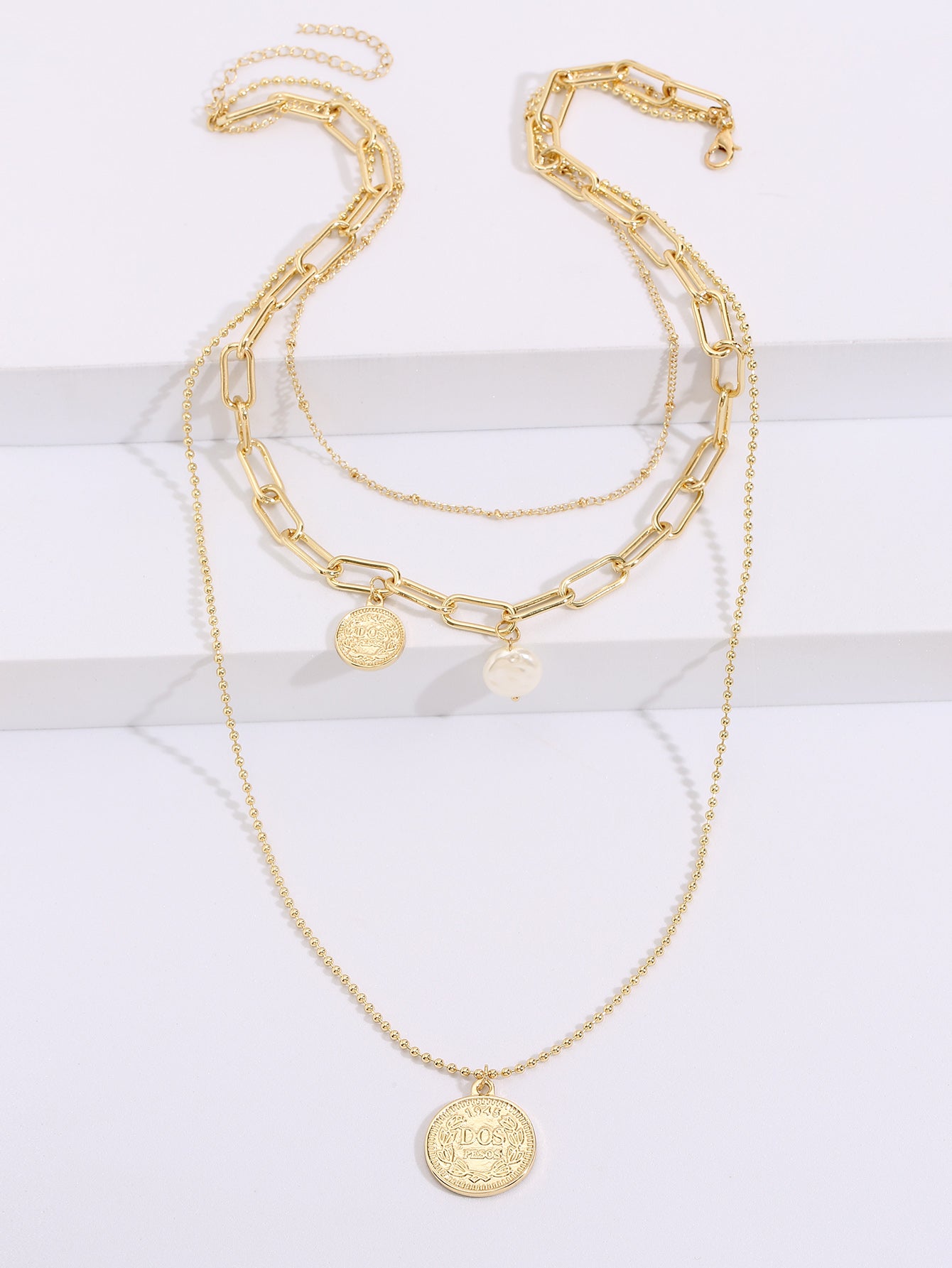 Triple Golden Chain with Pendants Layered Necklace