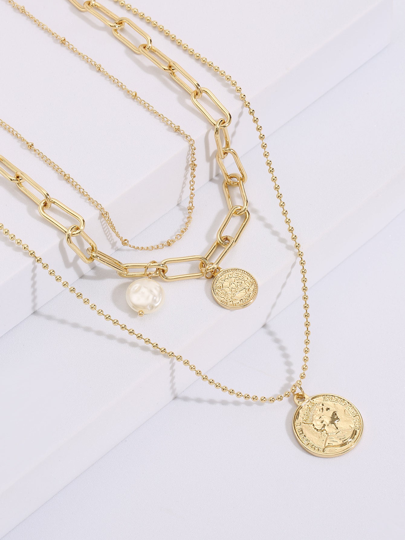 Triple Golden Chain with Pendants Layered Necklace