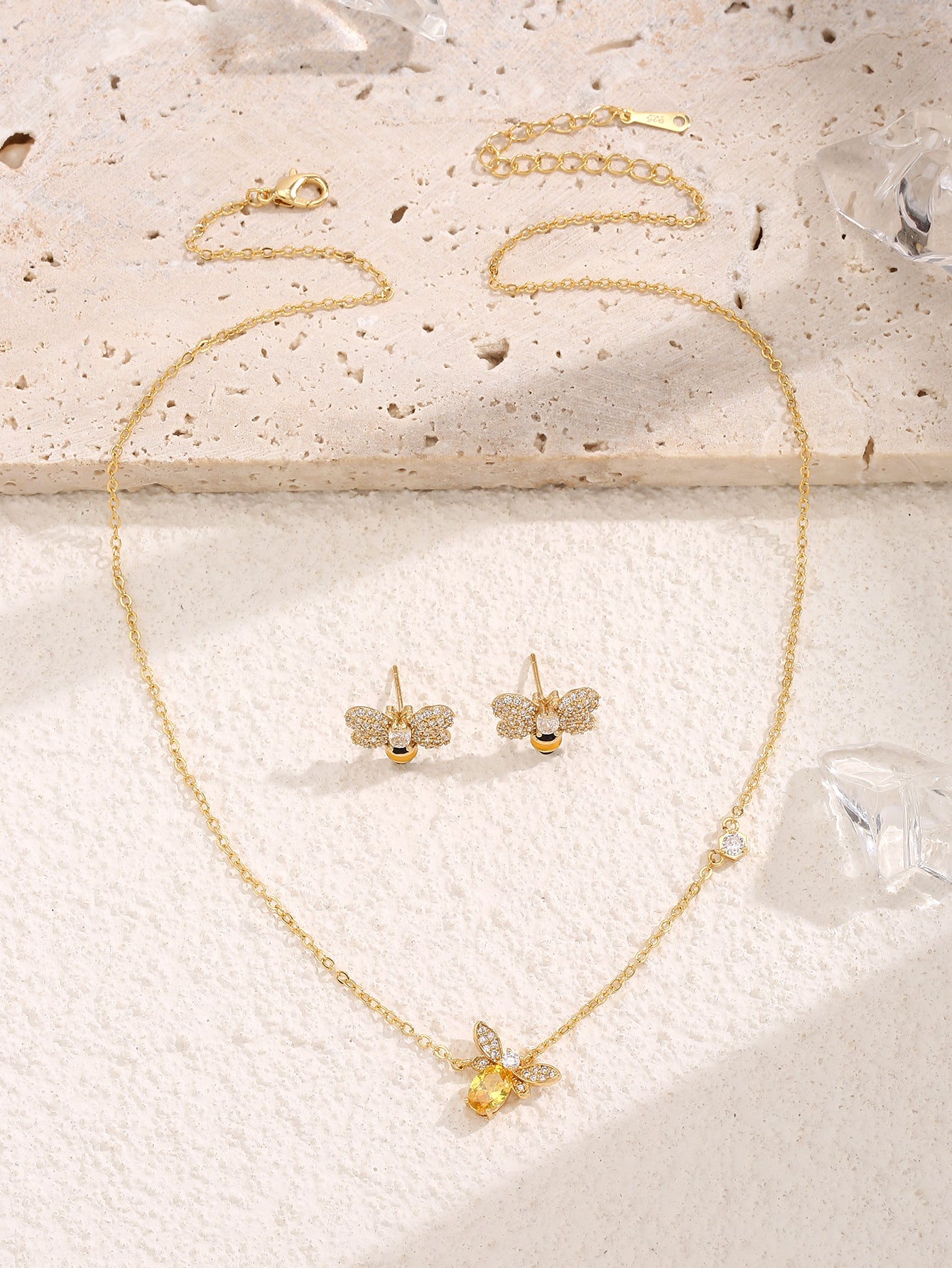 Fashion Cute Bee Crystal Pendant Necklace and Stud Earrings Set