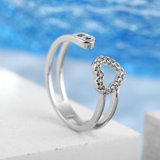 Cute Crystal Mini Heart Silver Tone adjustable Open Clear Ring