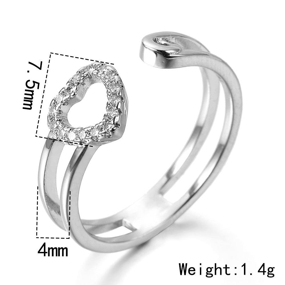 Cute Crystal Mini Heart Silver Tone adjustable Open Clear Ring