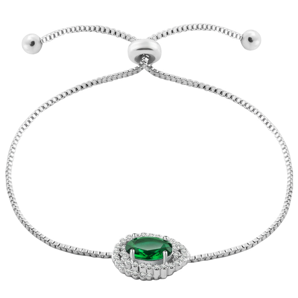 Vintage Halo Green Emarald Oval Zircon Crystals Silver Bracelet