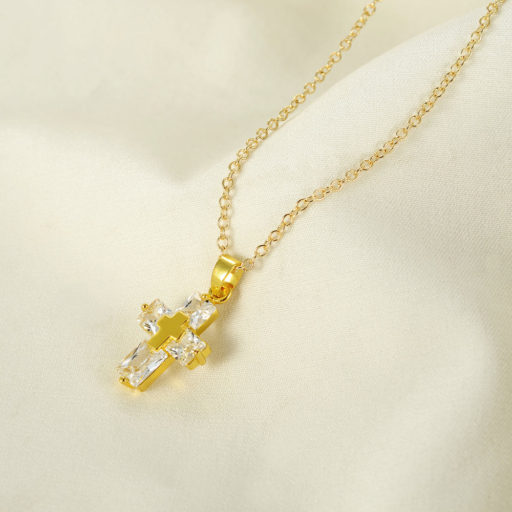 Golden Christian Cross Crystal Necklace