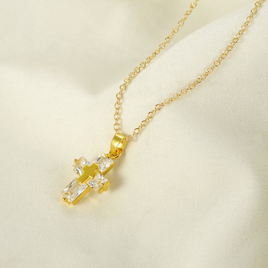 Golden Christian Cross Crystal Necklace