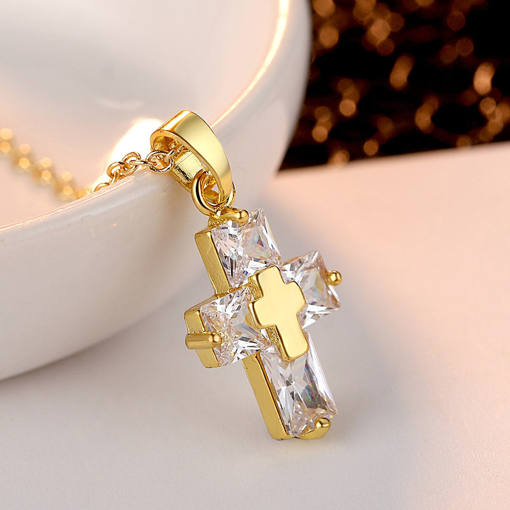 Golden Christian Cross Crystal Necklace
