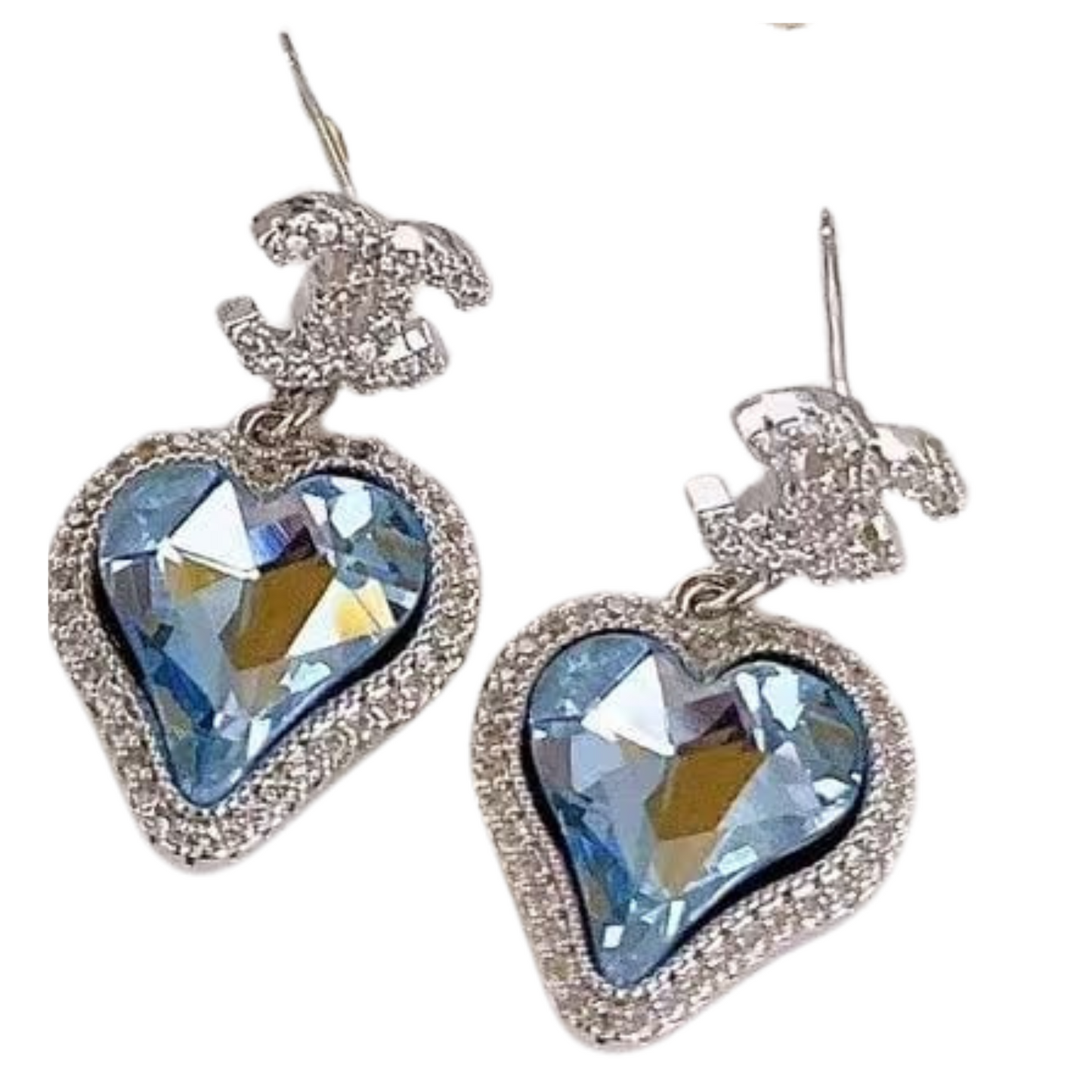 Crystal Heart Designer Logo Dangles Sterling Silver Post Earrings