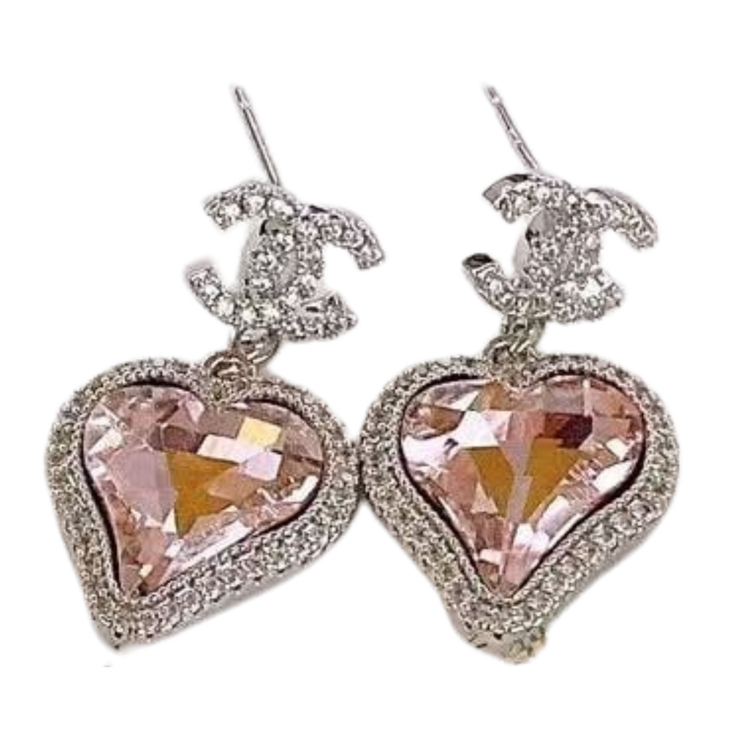 Crystal Heart Designer Logo Dangles Sterling Silver Post Earrings