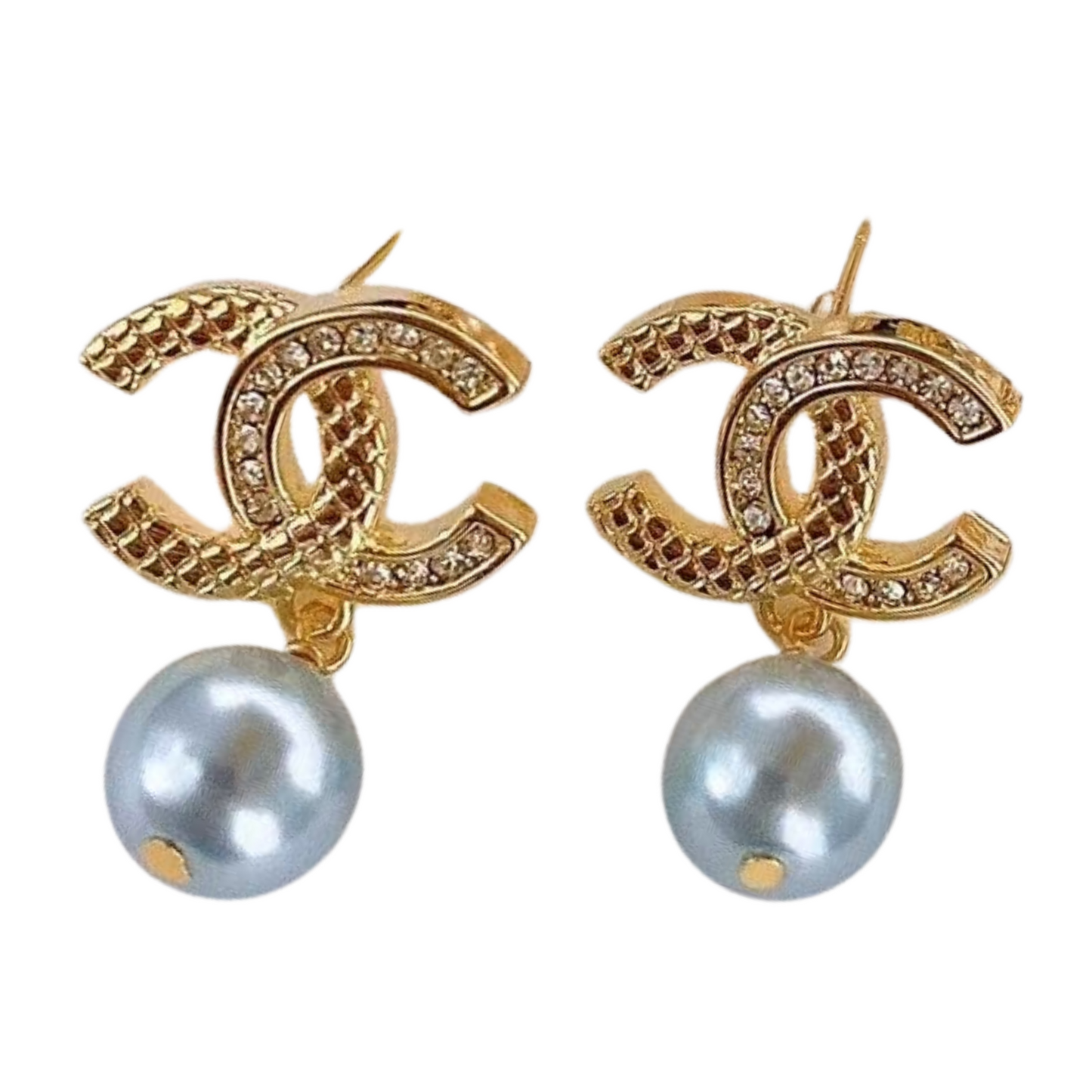 Golden Pave CC & Pearl Drop Earrings Sterling Silver Post Earrings