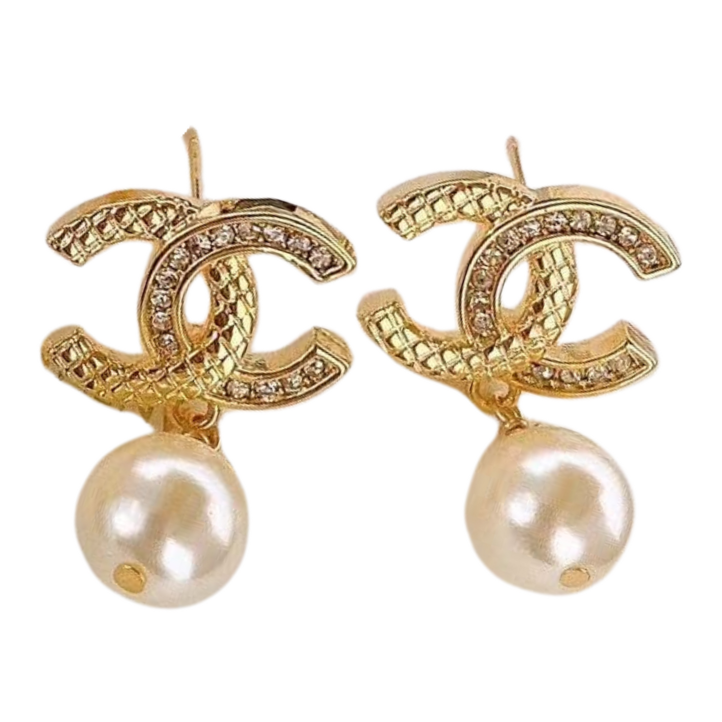 Golden Pave CC & Pearl Drop Earrings Sterling Silver Post Earrings