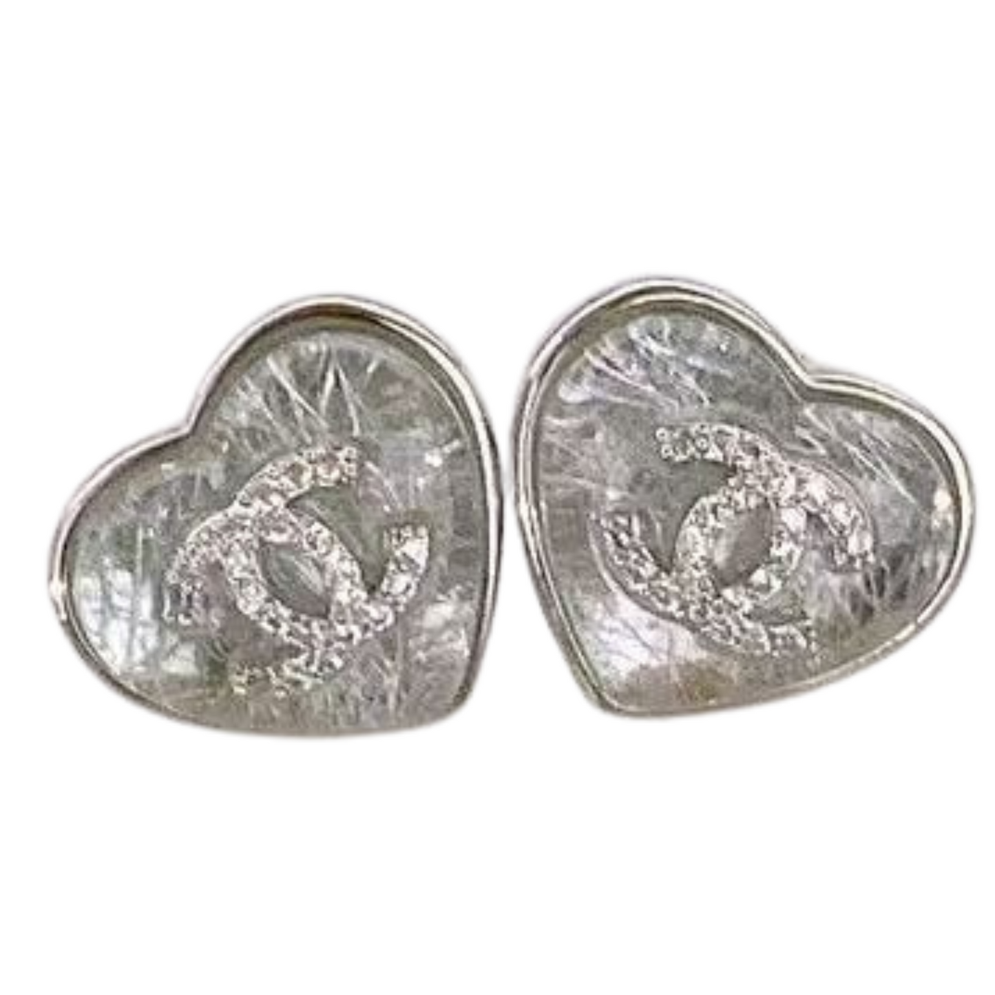 Textured Heart & Crystal Logo Studs Sterling Silver Post Earrings