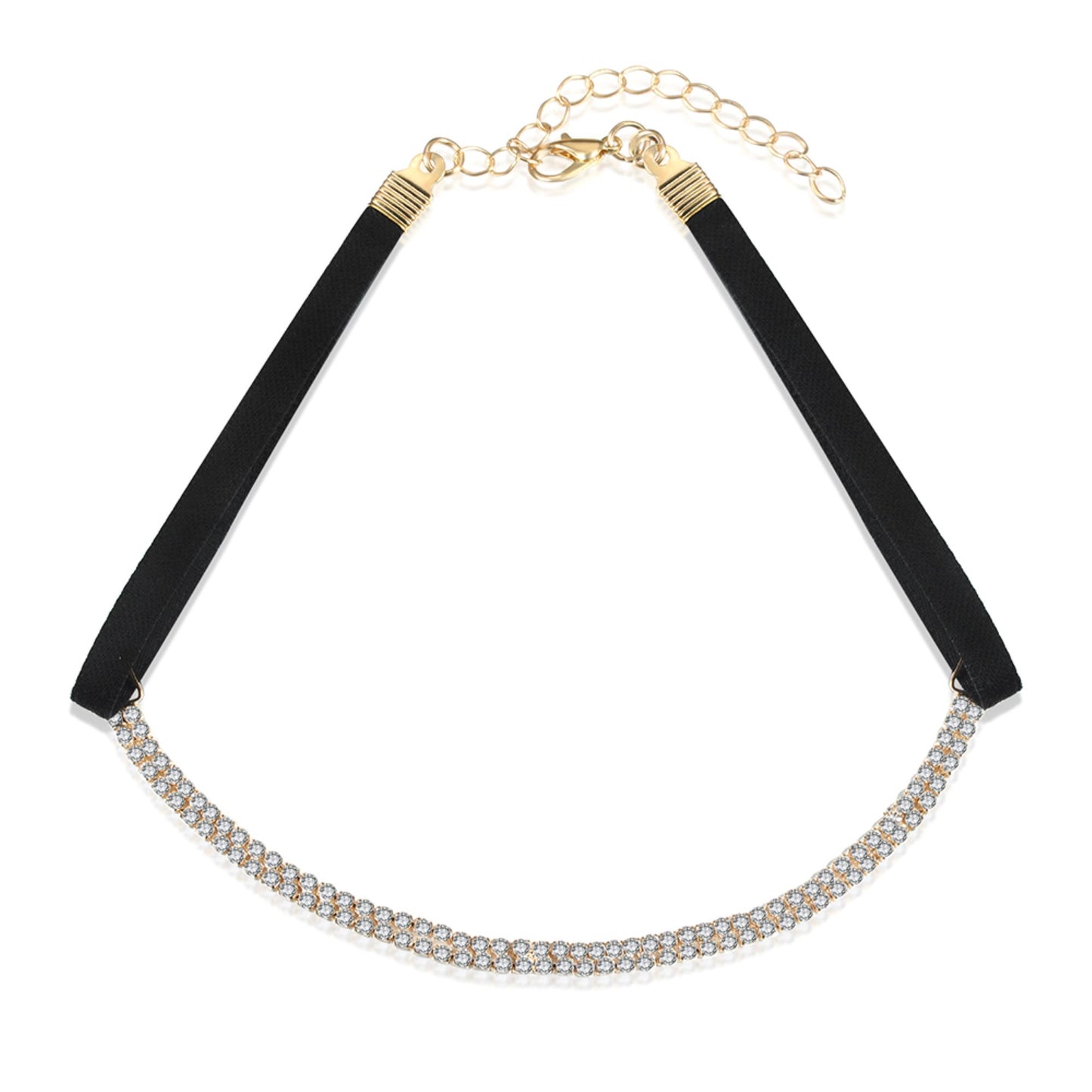 Gold Tone clear Crystal Black Ribbon and Gold chain Necklace