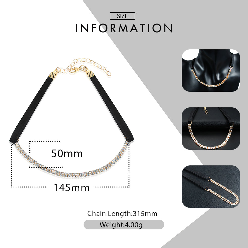 Gold Tone clear Crystal Black Ribbon and Gold chain Necklace