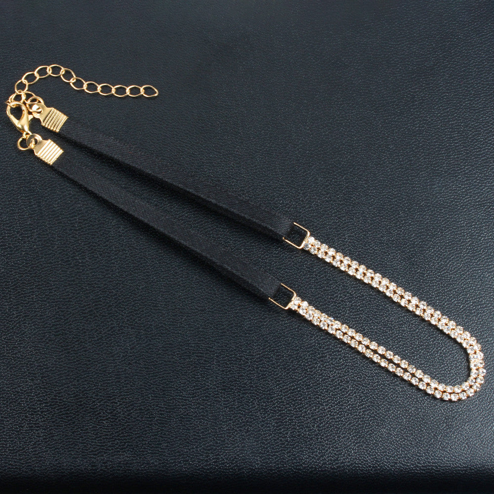 Gold Tone clear Crystal Black Ribbon and Gold chain Necklace