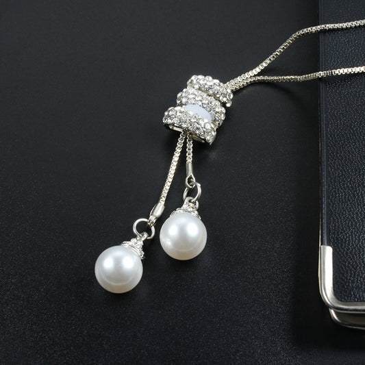 Clear Crystal with 2 dangle white Pearls Pendant