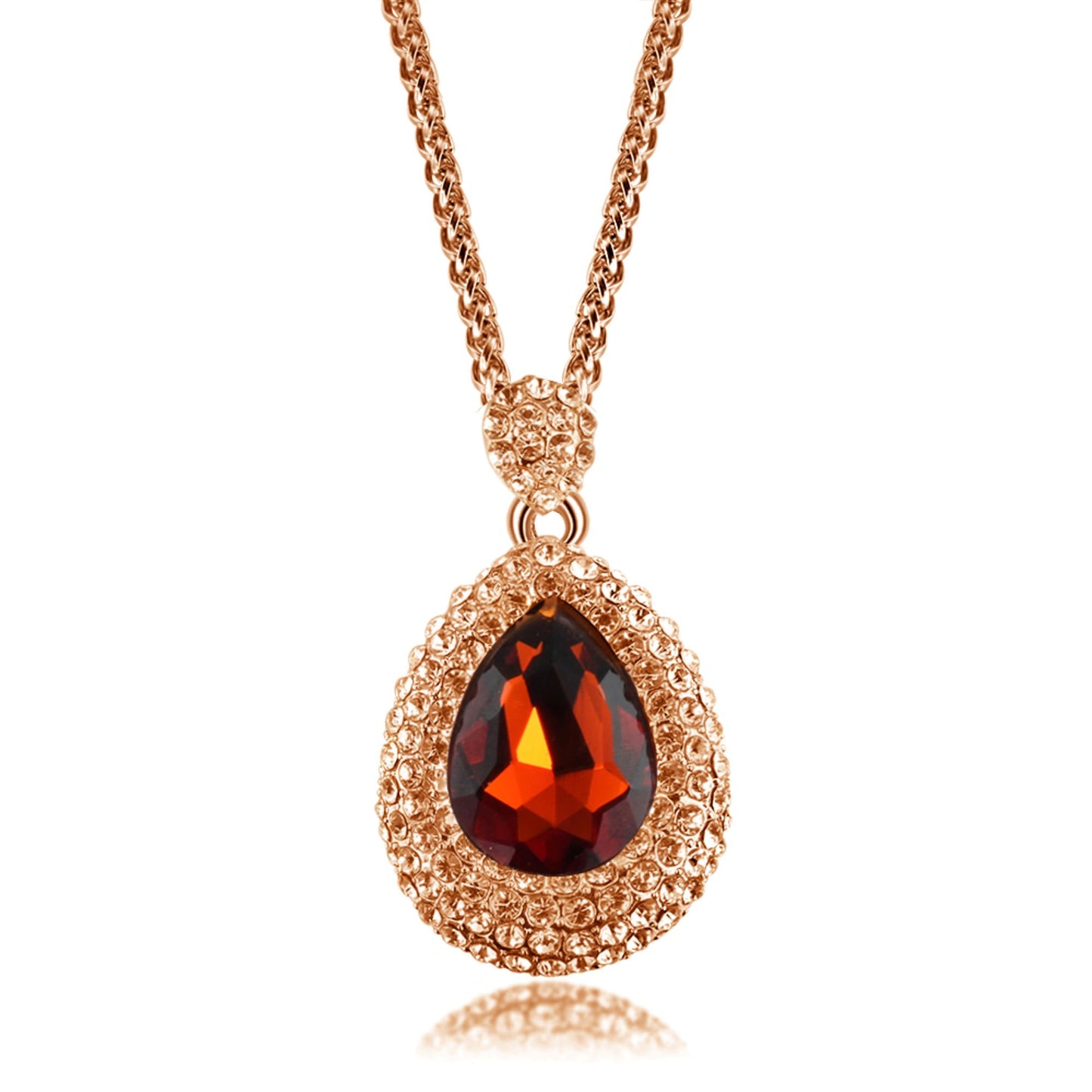 Rose Gold Tone Red Crystal CZ Water Drop Pendant