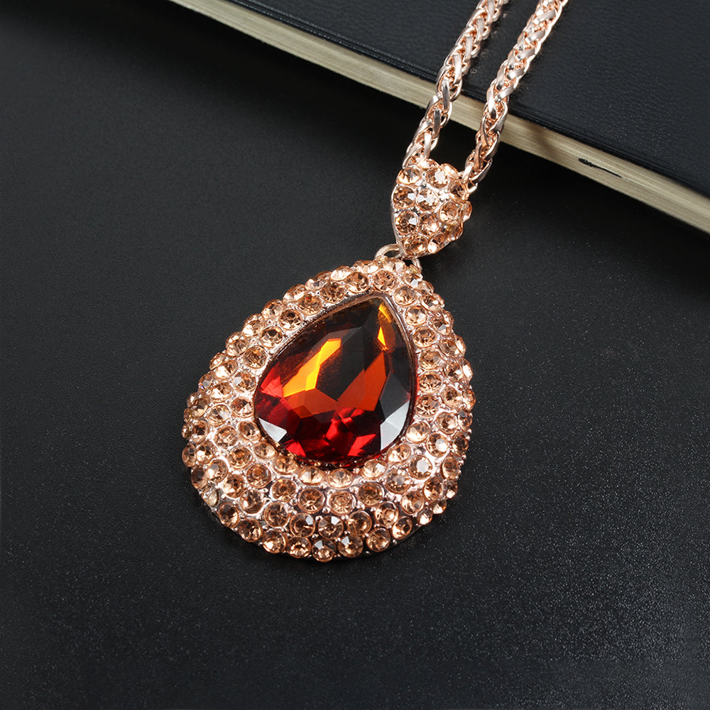 Rose Gold Tone Red Crystal CZ Water Drop Pendant