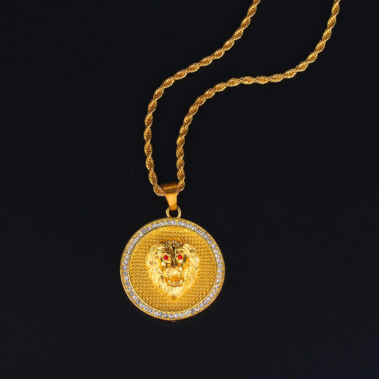 Golden Round Crystal Lion Pendant