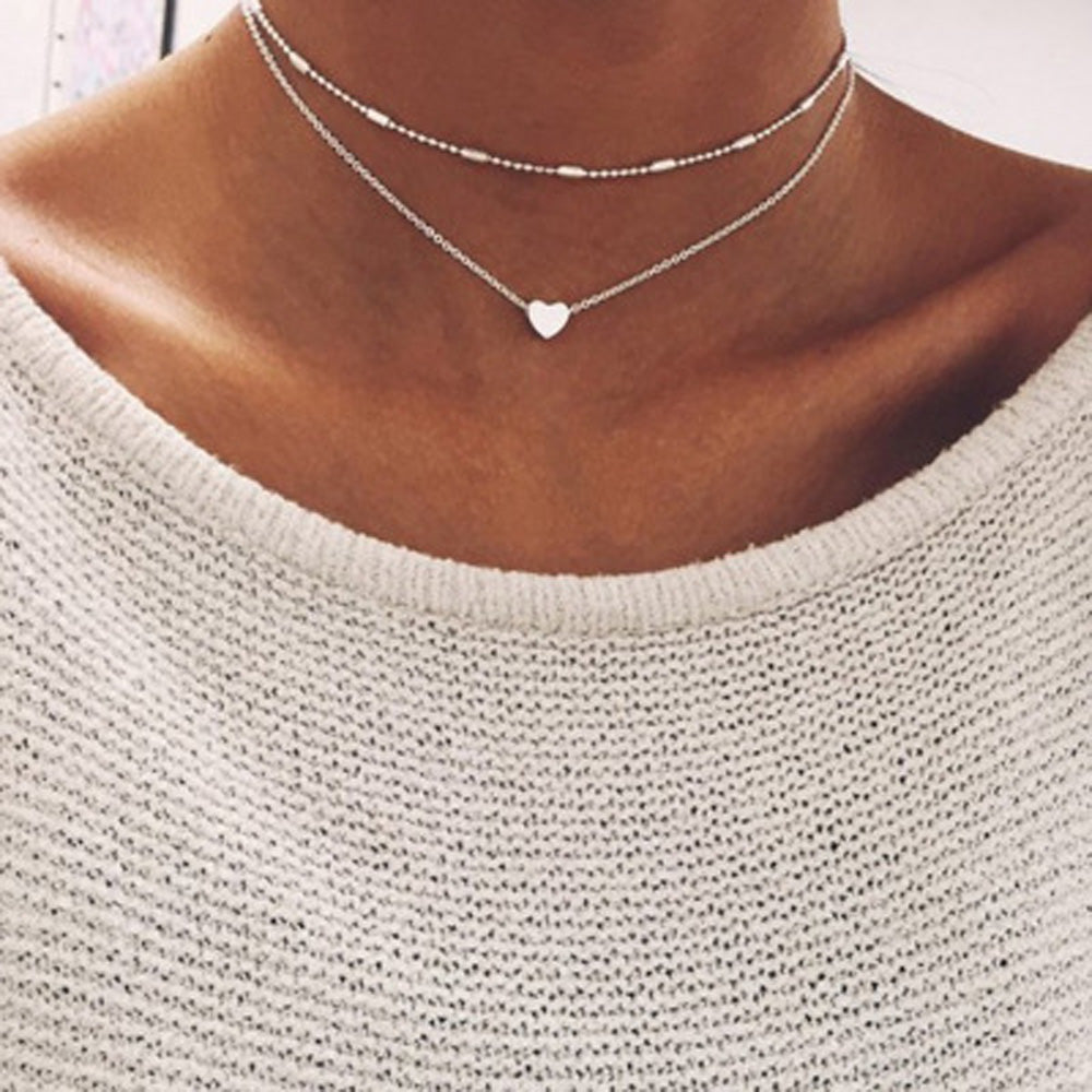 Double chain necklace with mini-heart pendant – Rose Gold or Silver Tone