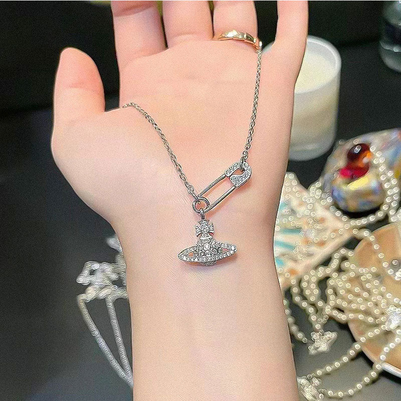 S925 Sterling Silver Vivienne Westwood Inspired Diamante Pin Orb C/Z Pendant Necklace