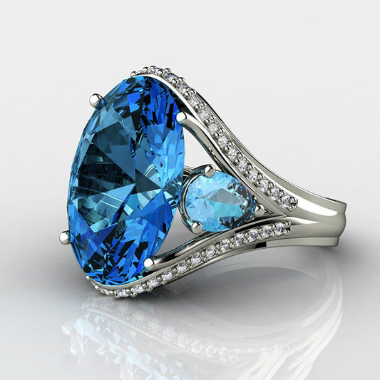 Blue Sapphire Oval Three Stone Zircon Crystal Ring