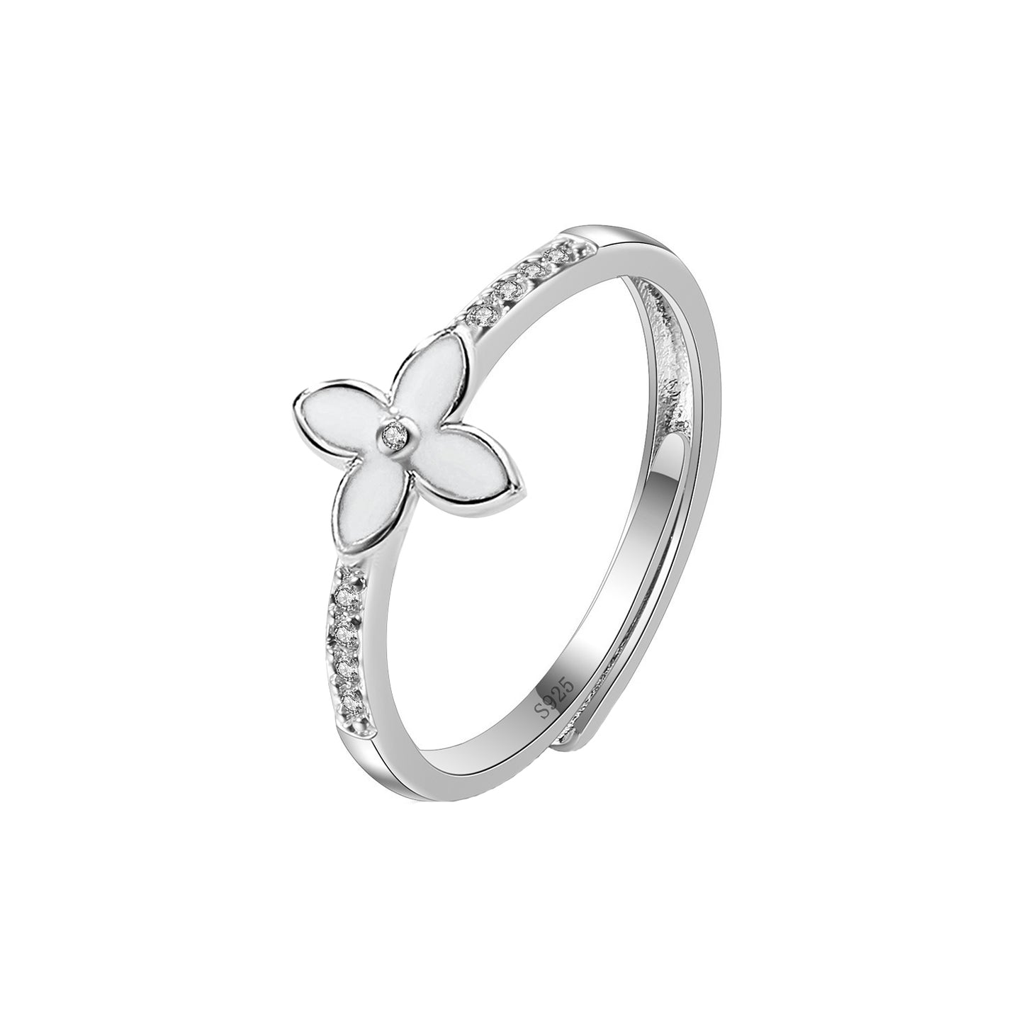 S925 Sterling Silver Clover Four Leaf C/Z Open Adjustable Ring